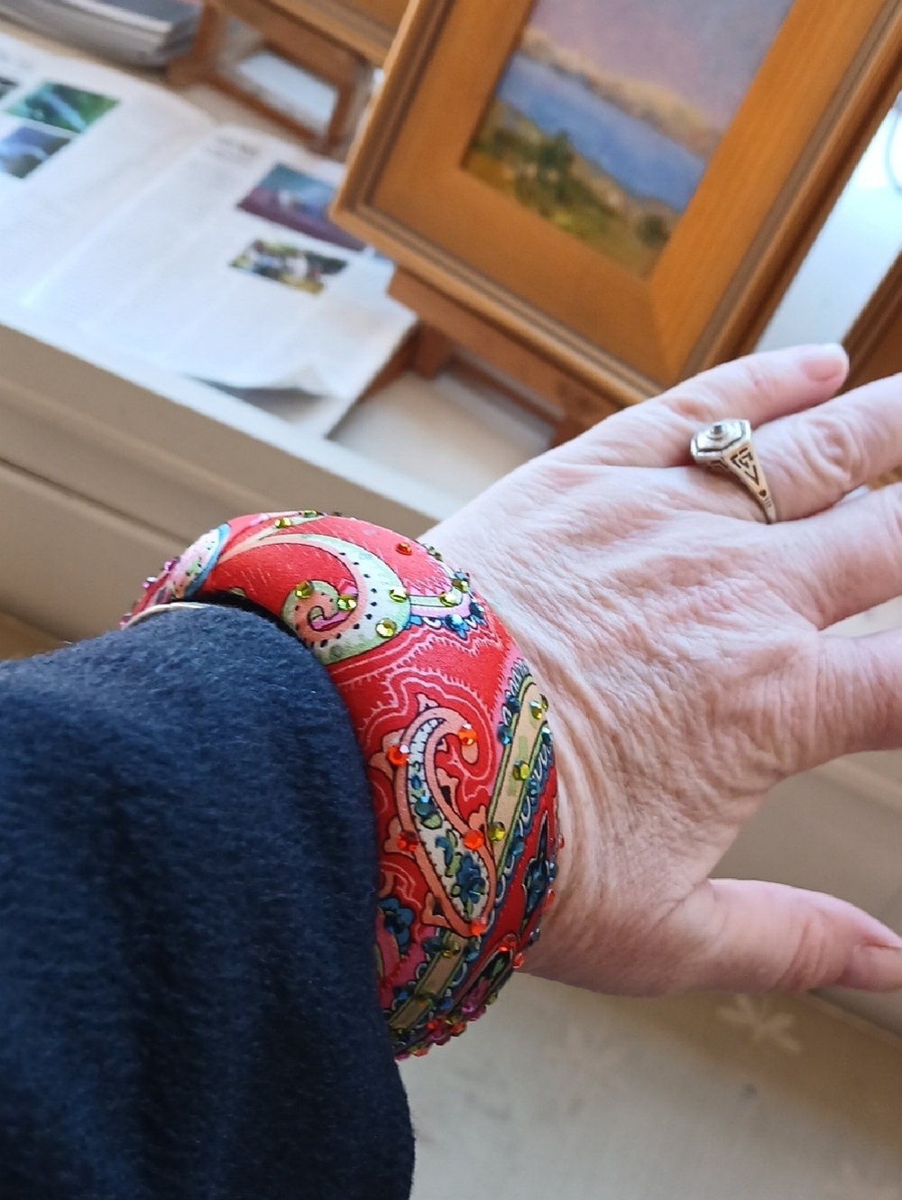 Red Paisley Silk Cuff Bracelet with Multicolor Embellishment W Swarovski